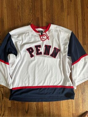 Penn Men's White & Navy Hockey Jersey with Red Trim